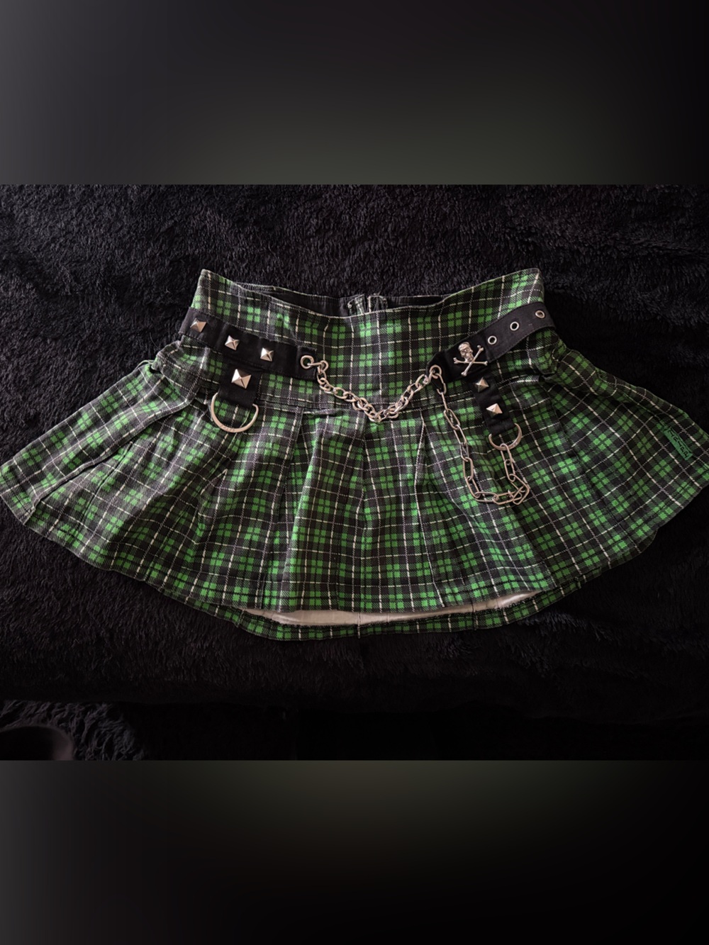 Green Plaid Mini Skirt with Studded Belt